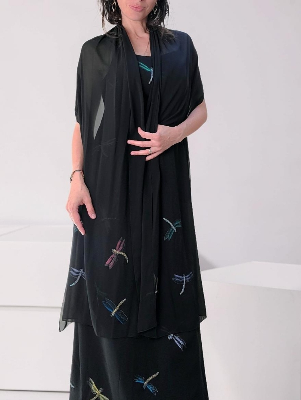 NWOT Cassandra Stone Elegant Black Dragonfly Maxi Dress With Matching Scarf - Picture 4 of 16